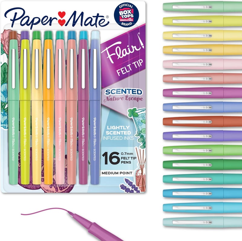 Papermate Flair Nature Escape Scented Felt Tip Pens, Medium Point (0.7mm), Assorted Colors, 16 Count - Perfect for Journaling, Writing, Coloring, Teacher Supplies - Image 1
